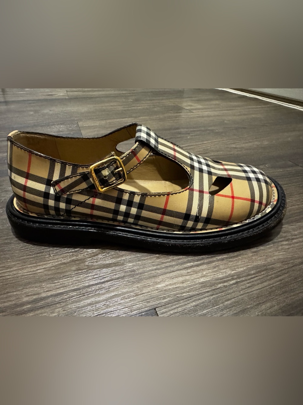 Burberry Beige Plaid Mary Jane Sandal with Gold Buckle